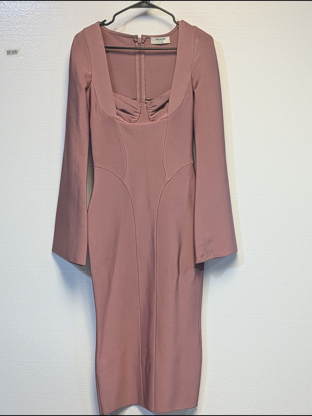 House of CB Rose Pink Bandage Midi Dress Sz M LongSleeve Corset Bodycon Flawed